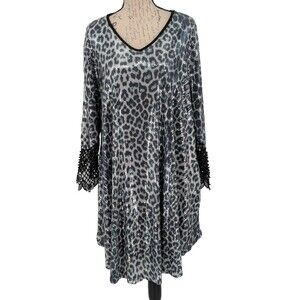 Darkwin Dress  2 (Plus) 56" Bust Black Cream  Animal A Line Crochet Beaded Cuffs